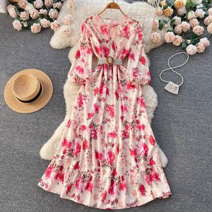 Lässige Kleider elegante Frauen Sommer Bohemian Floral Maxi Kleider Landebahn Designer Schnüre-up Lose Taille Blumendruck Chiffon Party