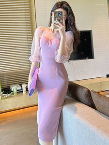 Abiti casual estate fata abito da sera lunghe donne donne eleganti lusso viola chic chic sheer o-collo sottile slim wrap hip midi da ballo mujer