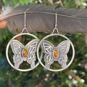 Dangle Earrings Boho Tribal Butterfly Orange Resin Drop Big Hollow Round Silver Color Metal For Women