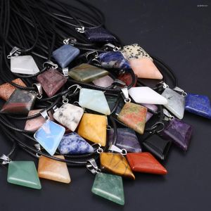 Pendant Necklaces Natural Stone Pendants Necklace Rhombic Shape Chakra Healing Crystal Agate Wax Cord For Jewelry Gift