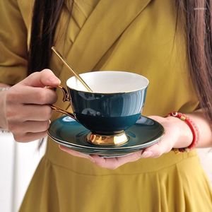 Cups Saucers Kaffeetasse Set Keramik dunkelgrün mit Löffelplatte Porzellan Tee Frühstück Milch 200 ml / 230 ml