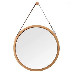 Bath Accessory Set Hanging Round Wall Mirror In Bathroom & Bedroom - Solid Bamboo Frame Adjustable Leather Strap