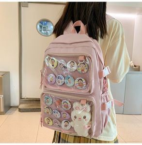 Kawaii Pink Ita Backpack - Large Nylon School Bag with Transparent Display Pocket for Pins, Girls & Women