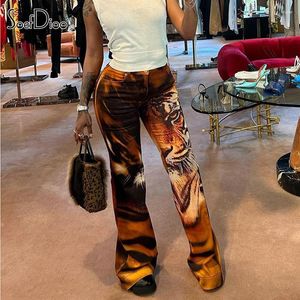 Calça feminina soefdoo tigre impressa flare feminino moda moda moda alta cintura skinny calça de calça verão 2023 Feminino de rua