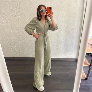 Women's Two Piece Pants 2023 French Retro V-neck Lantern Sleeve Jacket Waist Pleated Loose Temperament Willon Green 2 Sets Womens Outfits