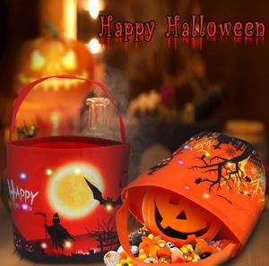 Halloween Candy Bucket with LED Light Halloween Basket Trick or Treat Bags Reusable Tote Bag Pumpkin Candy Gift Baskets for Kids Party Supplies Favors SN6252