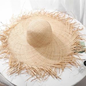 Handgjorda väv 100% raffia solhattar för kvinnor 15 cm stor bred grim halmhatt utomhus strandhattar sommarmössor chapeu feminino y20071215h