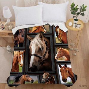 Koce malowanie koni sztuka nadruk 3D pluszowy flanelowy rzut koc vintage pościel kwadratowy łóżko piknikowe super miękki lekki rozmiar King R230824