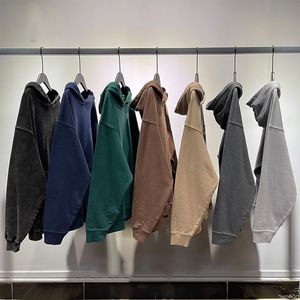 Men's Hoodies Sweatshirts High Street Retro Washed Man Solid Color Pocket Loose Oversize Heavyweight Casual Tops Autumn Winter 230823