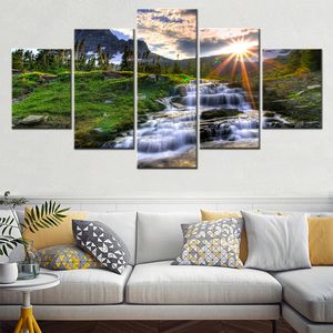 Gemälde 5 Stücke Leinwand Wandkunst Poster Malerei Naturlandschaft Hintergrund Sonneneinstrahlung Berg Wasserfall Landschaft Wohnzimmer Wohnzimmer 230823