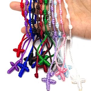 Bangle 12 Pieces Nylon Rope Knotted Cross Religious Rosary Bracelets Wholesale Fashion Promotional Handmade Pulseras Decenarios Jewelry 230824