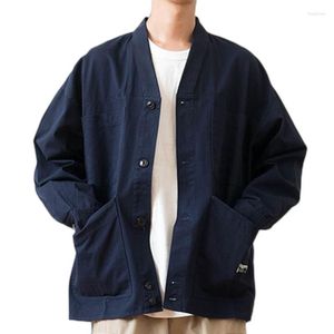 Giacche da uomo in cotone da uomo multi-tasche giacca da lavoro cargo stile giapponese colletto rovesciato con scollo a V blu navy cappotto casual da uomo primavera autunno