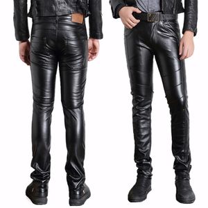 Hela manliga svarta faux läderbyxor Motorcykelcyklist Ridding Pu Trousers For Men Fashion Slim Fit Pencil Pant2137