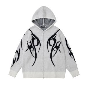 Cardigan Sweater Coat Streetwear Hip Hop Knitted Pattern Double Zipper Hooded Sweaters 2023 Harajuku Fashion Loose Jumper Coats