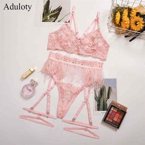 New women's lace and feather stitching sexy garter underwear set mesh flower embroidery gather bra set thong sexy lingerie se1919