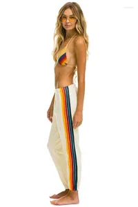 Women's Pants Rainbow Striped Embroidery Sweatpants Ribbon Knit Sport Fashion Europe-USA Style Women/Girl Mid Waist Elastic Band