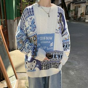 Męskie swetry jesienne vintage Sweter Mężczyźni Japończycy moda luźne dzianiny pulovery hip hop harajuku wzorce niedźwiedzia Sweter streetwear 230823