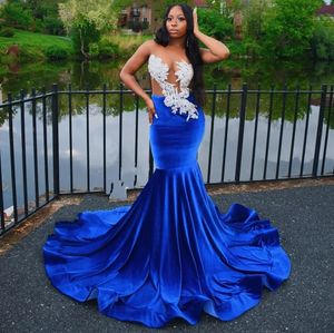 Prom Party Gown Royal Blue Evening Dresses sjöjungfru Trumpet Beaded New Custom Plus Size Formal dragkedja O-Neck ärmlös applikation