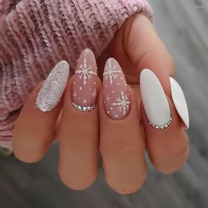 FALSE NAILS 24st jul lång mandel avtagbar tryck på falsk silver glitter vit snöflinga strass design fulltäck nagelips