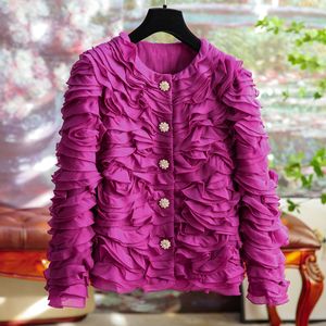 Women's Jackets Highquality Buttons Threedimensional Fashionable Short Jacket Women Silk Cascading Pleated Top Design Fall Slim 230823