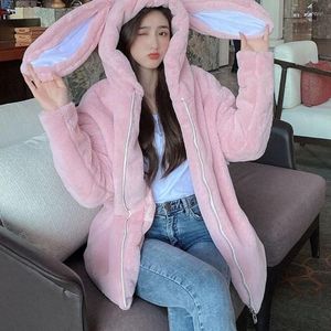 Women's Fur Hooded Ears Imitating Rex Plush Faux Coat Thick And Warm Autumn Winter Kawaii Cute Jacket