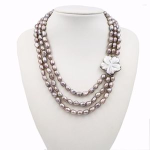 Chains Beautiful Fashion Natural Baroque Freshwater Pearls 3 Rows Mm 7-9 Gray Color Pearl Necklace Shell Flower Clasp 20 ''