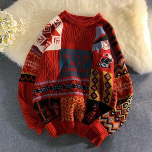 Męskie swetry świąteczne męskie sweter jesienne zima ciepła swobodna kreskówka drukowana pullover leniwy styl o-deterk harajuku pulovery para