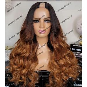 100% Human Hair 1X4 Size U Part Wigs for Black Women Glueless 200Density Long Loose Wave Ombre Copper Brown Middle V Part Wigs