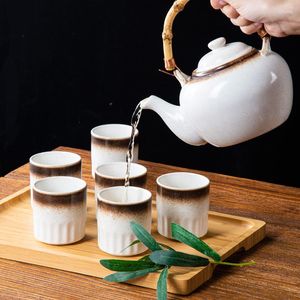 Hip Flasks Portable Side Handle Large Teapot Japanese Style Restaurant Set Ceramic Single Pot Tea Making Machine Jug With Bamboo