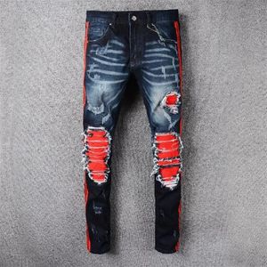 Hiphop popular Famous Vintage Distrressed Applique Ripped Motorcycle Biker zipper men's Jeans men's cargo pants Vaqueros263W