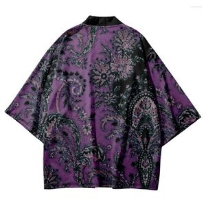 Etnik kıyafet artı beden moda geometrisi paisley baskı mor kimono 2023 Japon kadın erkekler yaz plajı hurgan yukata haori gömlekleri üst