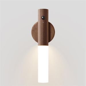 Night Lights Motion Sensor Light Magnet Body Hallway USB Rechargeable Led Lamp Portable Stairway Wooden Wall Sconce Nightlight