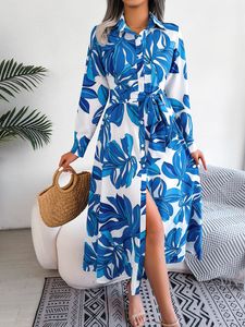 Basic Casual Dresse Floral Print Long Sleeve Maxi Shirt Dress 230823