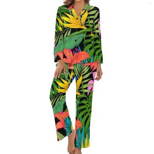 Women's Sleepwear Colorful Plant Pajamas Hawai Tropical Long Sleeve Warm Pajama Sets 2 Pieces Sleep Spring Design Nightwear Gift