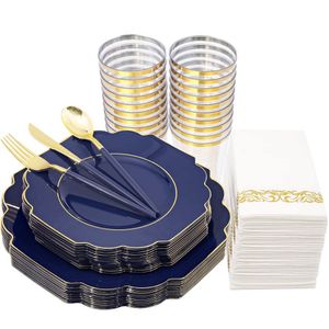 Louça descartável 50 pcs placas de plástico azul e talheres de ouro festa de mesa conjunto adulto decoração de aniversário casamento 230825