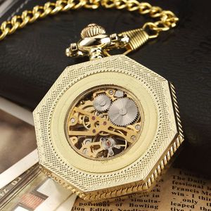 Pocket Watches Luxury Gold Unique Octagon Roman Number Pocket Watch With Fob Chain Steampunk Full Steel Mechanical Hand Winding Pocket Watch 230825