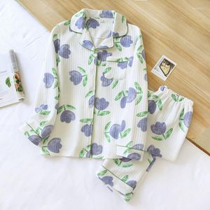 Women's Sleepwear Autumn And Winter Thickened Pajamas Long-sleeved Trousers Two-piece Lapel Flower Cotton Quilted Homewear Suit