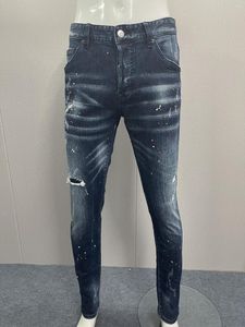 Jeans para hombres 2023 Slim Fit Pies Azul oscuro Lavado Tiny Elástico Parche Color Contraste Pintura de cuero