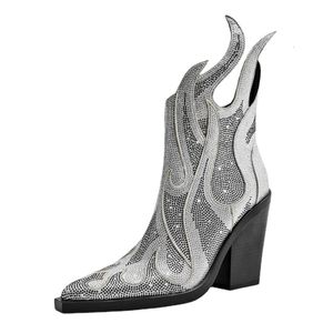 Stiefel Damen Flamme Stiefeletten Elegante High Heels Western Cowboy Boote Party Kleid Designer Schuhe Große Größe 42 43 230824