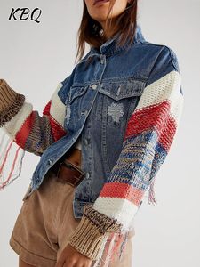 Womens Jackets KBQ Knitting Distressed Streetwear For Women Lapel Long Sleeve Spliced Raw Hem Hit Color Denim Striped Coats Female 230824