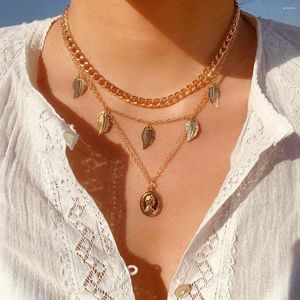 Pendant Necklaces Boho Leaf Portrait Necklace Set Ladies Retro 2023 Fashion Metal Thick Chain Clavicle Glamour Girl Jewelry Gift