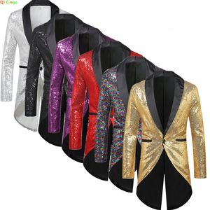 Ternos masculinos blazers ouro lantejoulas terno jaqueta desempenho dos homens / vestido de festa casacos vermelho prata masculino blazers roxo branco preto colarinho smoking 230824