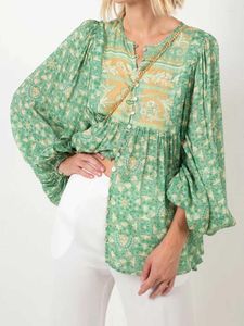 Blusas femininas boho manga longa blusa feminina verde floral com decote em v botões topos elegante impressão única rayon