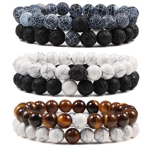 Bangle Set Armband Par Distans Black White Natural Lava Stone Tiger Eye Pärled Yoga Armband för män Kvinnor Elastiska repsmycken 230824