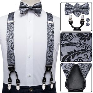 Other Hi Tie Vintage Silk Men s Suspender Set Fashion Gold Floral and Bow Tie Leather Metal 6 Clips Braces 230824