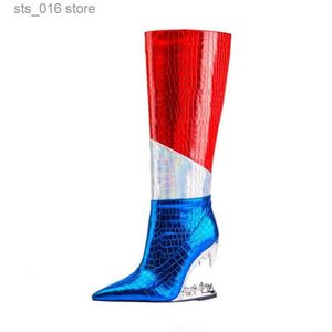 Bot Avrupa ve Amerikan Marka Tasarımcı Ziyafet Pist Ayakkabıları 2023 Kadın Moda Renk Eşleşen Kaplan Dişleri Topuk Diz Botları T230824