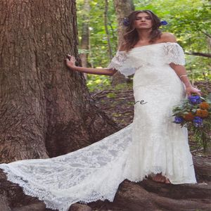 Abito da sposa Boho in pizzo pieno fata 2023 con spalle scoperte Mantello Abiti da sposa bohémien Sweep Train Forset Celtic Abiti da sposa Hippie Elegante abito da sposa sposa