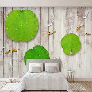 Wallpapers 3d estereoscópico estilo chinês po mural em relevo folha de lótus carpa placa de madeira tv sofá fundo papel de parede personalizado decoração de casa