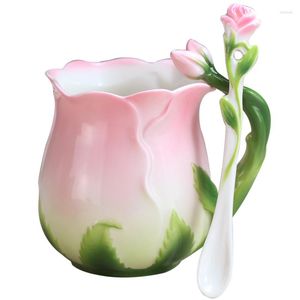 Mugs Creative European Bone China Coffee Cup Luxury Lovely Pink Tea With Spoon Rose English Mug 320ml Enamel Porcelain