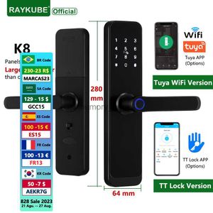 2023 NYA RAYKUBE K8 TUYA WIFI Smart Door Lock TT Lock FingerPrint Lock Digital Electric Lock med längre större handtagspaneler HKD230825